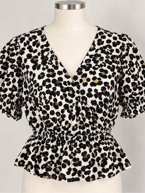 Banana Republic Leopard Print Peplum Wrap Blouse Puff Sleeve M